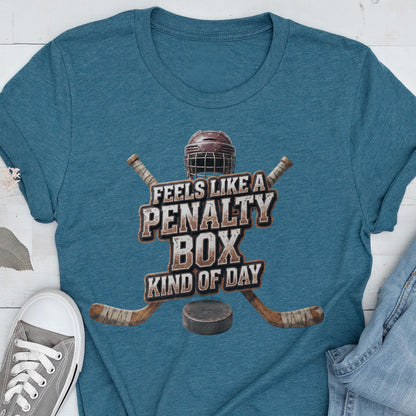 May include: A heathered teal blue t-shirt featuring a graphic of a hockey helmet, two crossed hockey sticks, and a puck. The text reads FEELS LIKE A PENALTY BOX KIND OF DAY in a distressed, block-style font centered over the hockey equipment.