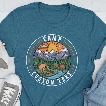 Camp Custom Text Shirt, Family Camping T-Shirt, Nature Lover Tee, Mountain Sunset Shirt, Camping Trip Gift, Outdoor Lover Tee, Vacation Tees