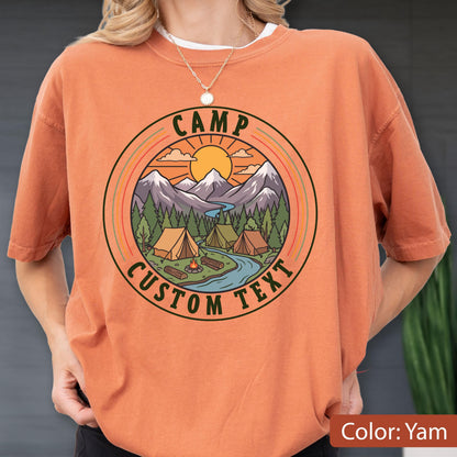 Comfort Colors® Camp Custom Text Shirt, Camping T-Shirt, Personalized Campsite Tee, Mountain Sunset Shirts, Camping Trip Gift, Adventure Top