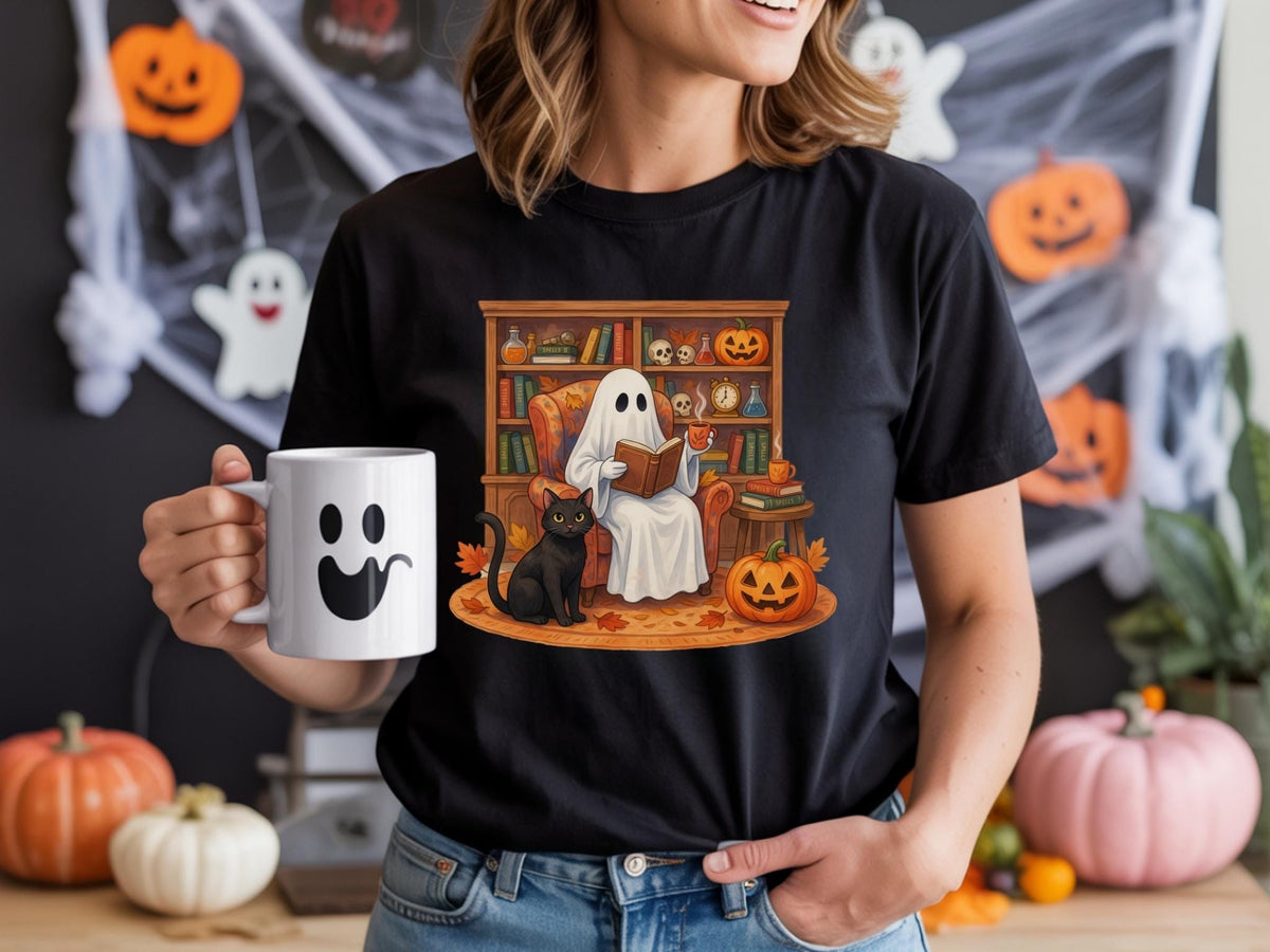 May include: A black t-shirt featuring a graphic of a ghost sitting in an armchair reading a book with a black cat, a bookshelf, and pumpkins. A white mug with a black ghost face design is held in the foreground, displaying a simple ghost expression.