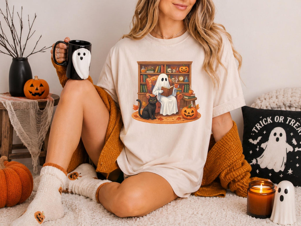May include: A cream-colored t-shirt featuring a graphic print of a ghost sitting in an armchair reading a book, accompanied by a black cat and pumpkins. The illustration includes a bookshelf background with various items and scattered autumn leaves.