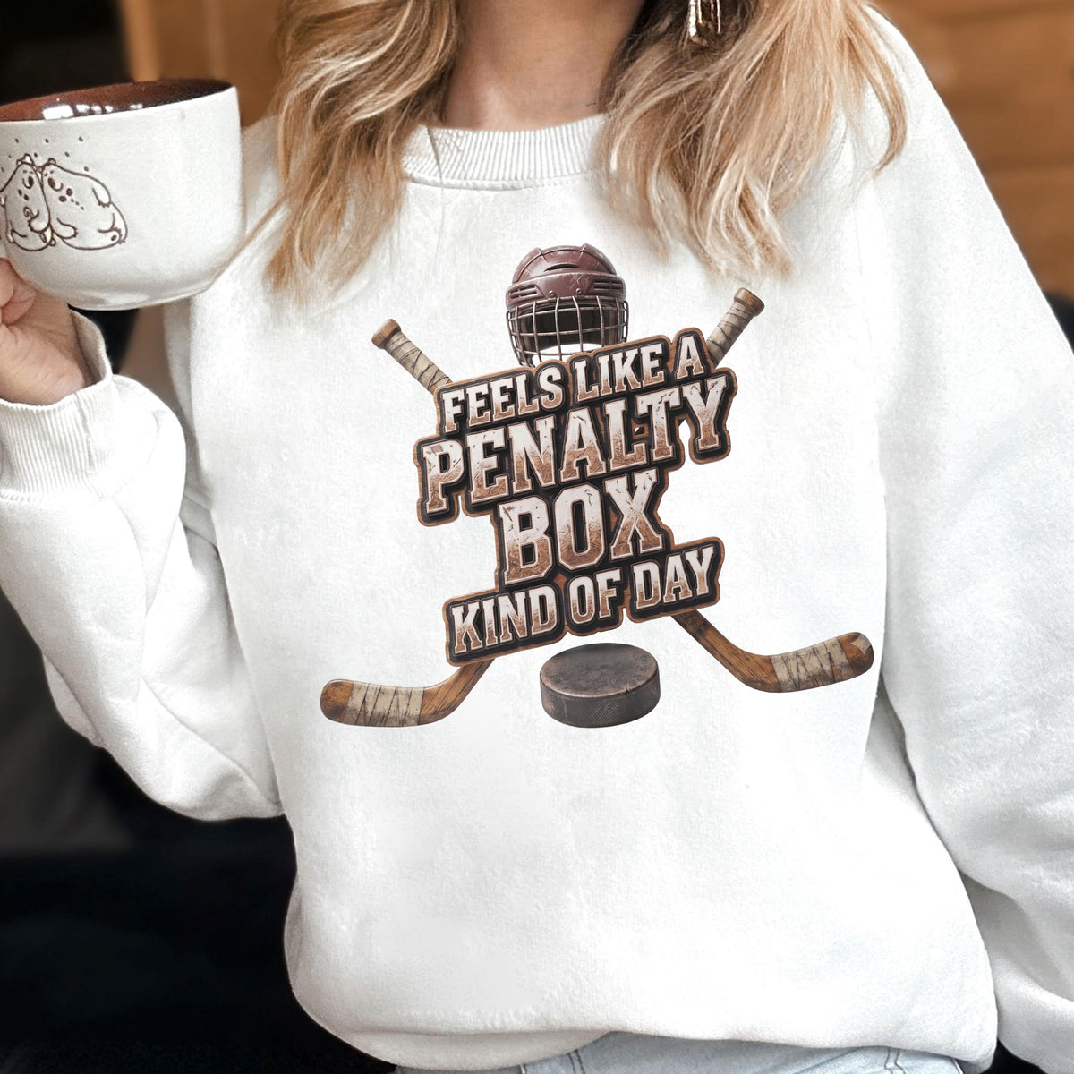 May include: A white crewneck sweatshirt featuring a graphic print of a brown hockey helmet, two crossed hockey sticks, and a black puck. The text reads, "FEELS LIKE A PENALTY BOX KIND OF DAY" in a distressed, block-style brown font.