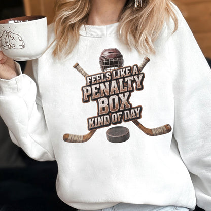 May include: A white crewneck sweatshirt featuring a graphic print of a brown hockey helmet, two crossed hockey sticks, and a black puck. The text reads, "FEELS LIKE A PENALTY BOX KIND OF DAY" in a distressed, block-style brown font.