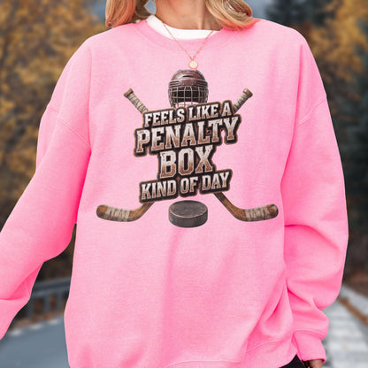 May include: A bright pink crewneck sweatshirt featuring a graphic print of a hockey helmet, two crossed wooden hockey sticks, and a black puck. The text reads FEELS LIKE A PENALTY BOX KIND OF DAY in a distressed brown font centered on the chest.