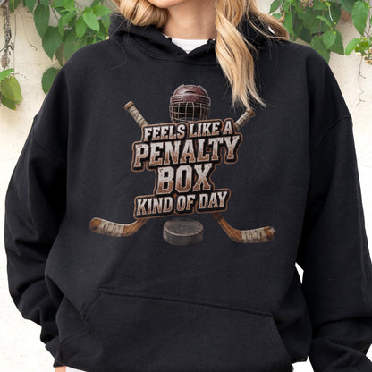 May include: A black hooded sweatshirt featuring a graphic print of a hockey helmet, two crossed hockey sticks, and a puck. The text reads, "FEELS LIKE A PENALTY BOX KIND OF DAY," centered in a distressed, weathered font style on the front chest area.