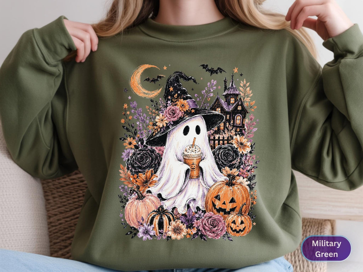 Cute Halloween Ghost Sweatshirt, Witch Ghost Crewneck, Fall Pumpkin Spice Latte Hoodie, Spooky Season Floral Ghost Pullover, Cozy Autumn Tee
