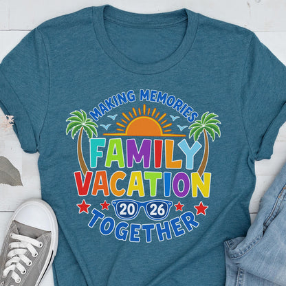 May include: A teal blue t-shirt featuring a graphic print with the text "MAKING MEMORIES FAMILY VACATION TOGETHER". The design includes a bright orange sun, two green palm trees, and blue sunglasses with the year "20 26" inside the lenses.