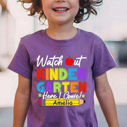 Personalized Back To School Shirt, Custom Name Kindergarten T-Shirt, Watch Out Kindergarten Here I Come Tee, First Day Gift
