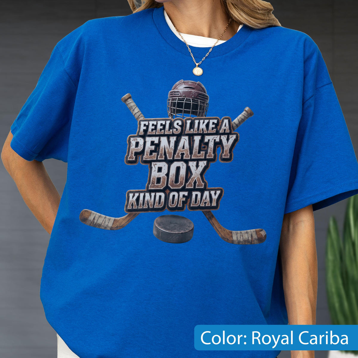 May include: A royal blue short-sleeve t-shirt featuring a graphic of a hockey helmet, two crossed hockey sticks, and a puck. The text reads, "FEELS LIKE A PENALTY BOX KIND OF DAY." The design is centered on the chest of the shirt.
