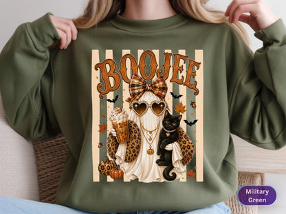 May include: A military green sweatshirt featuring a graphic of a ghost wearing heart-shaped sunglasses, a plaid bow, and a leopard print scarf. The ghost holds an iced coffee and a black cat. The text BOOJEE is printed above, with pumpkins, bats, and leaves.