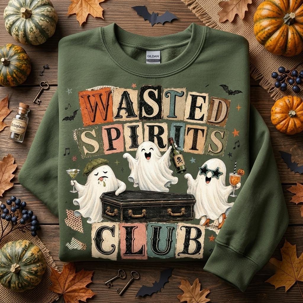 May include: An olive green crewneck sweatshirt featuring the text "WASTED SPIRITS CLUB" in a block-letter style. The graphic includes three white ghosts, one wearing a green beret and another wearing star-shaped sunglasses, gathered around a black coffin.