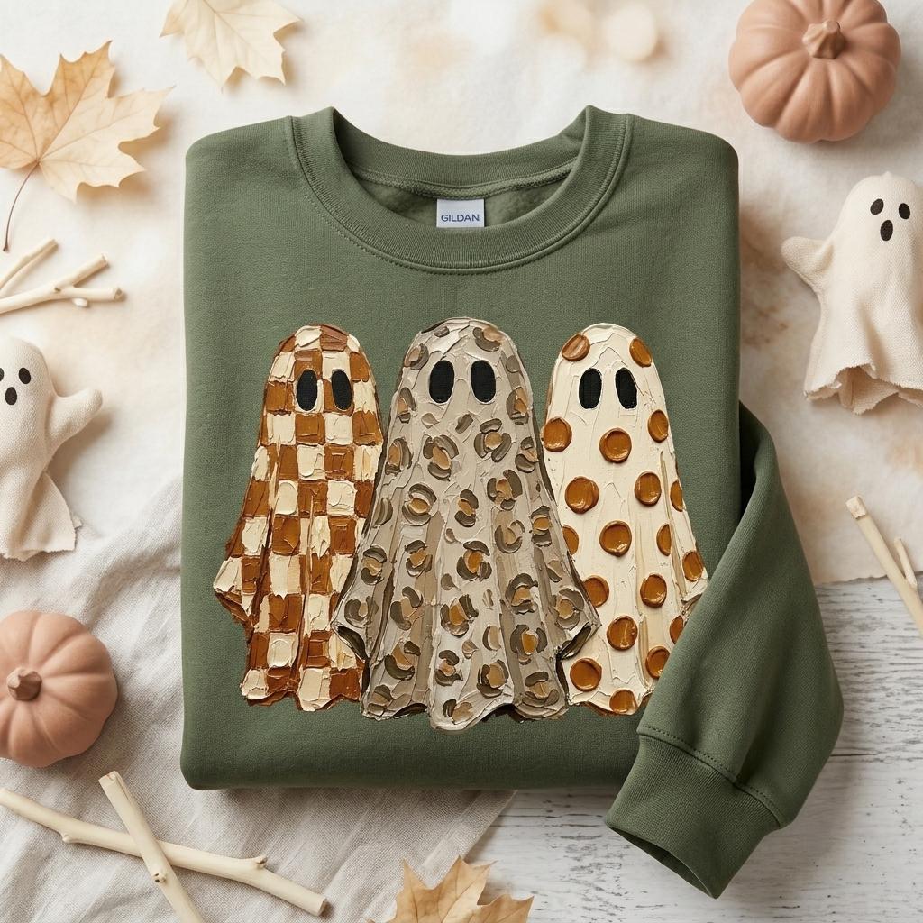May include: An olive green crewneck sweatshirt featuring a graphic of three ghosts. The left ghost has a brown and cream checkered pattern, the middle ghost has a leopard print, and the right ghost has brown polka dots on a cream background.