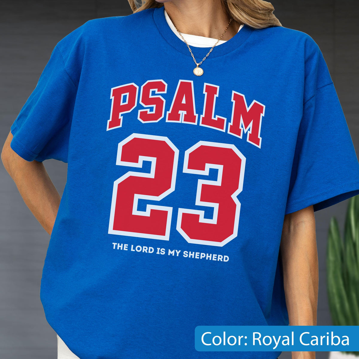 May include: A royal blue short-sleeve t-shirt featuring the red text PSALM 23 in a collegiate font, with the number 23 in large red digits below it, and the white text THE LORD IS MY SHEPHERD printed in a smaller font at the bottom center.