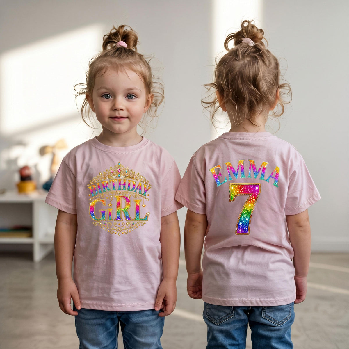 May include: A light pink short-sleeved t-shirt featuring a front graphic of a gold crown with the text Birthday Girl in rainbow colors. The back of the shirt displays the name Emma and the number 7 in rainbow colors with a glittery texture.