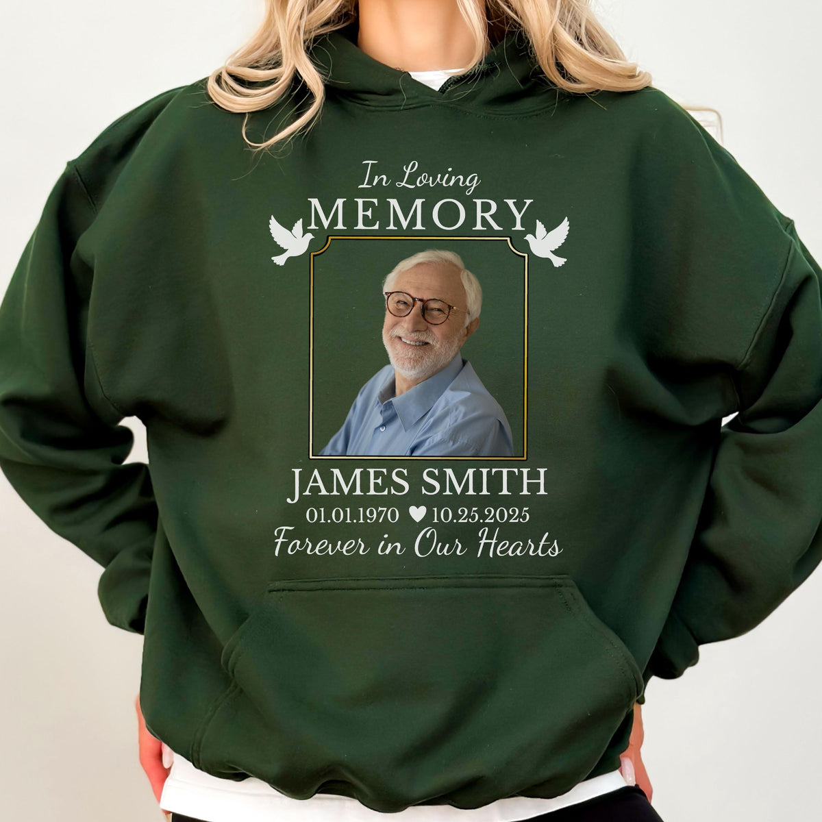 May include: A dark green hooded sweatshirt featuring a memorial graphic with the text In Loving Memory, a photograph of an older person with glasses, the name James Smith, the dates 01.01.1970 and 10.25.2025, and the phrase Forever in Our Hearts.
