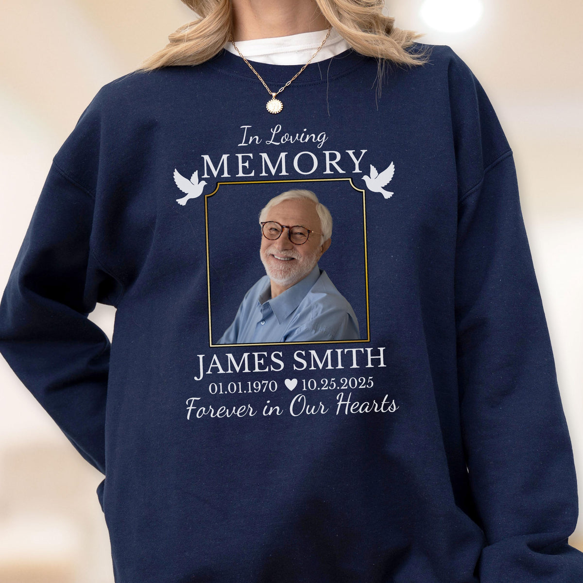 May include: A navy blue crewneck sweatshirt featuring a memorial graphic. The design includes the text In Loving Memory, a photograph of a man with glasses, the name James Smith, dates 01.01.1970-10.25.2025, and the phrase Forever in Our Hearts.