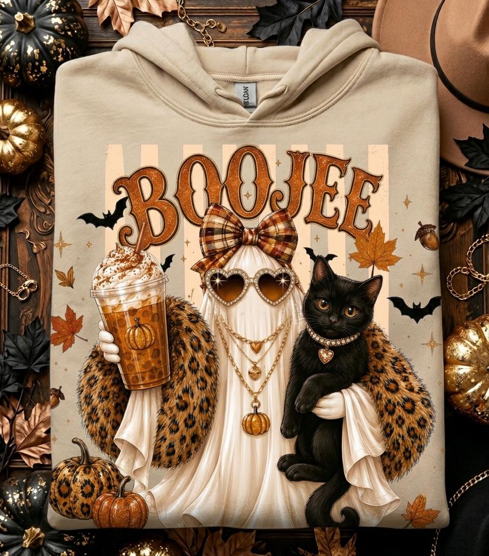 May include: A beige hooded sweatshirt featuring a graphic of a ghost wearing heart-shaped sunglasses, a plaid bow, and a leopard print shawl. The ghost holds an iced coffee and a black cat. The text BOOJEE is printed above in orange.