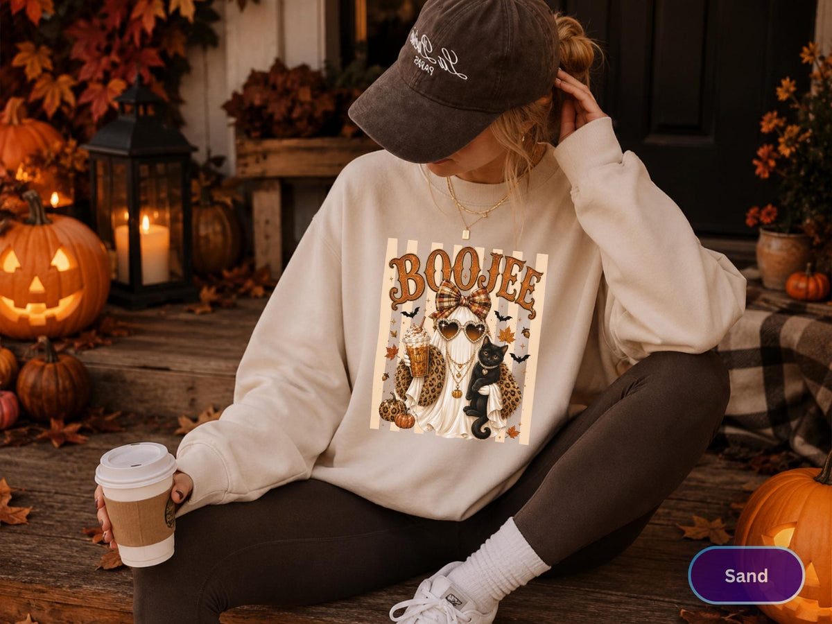 May include: A sand-colored crewneck sweatshirt featuring a graphic print of a ghost wearing a plaid bow, heart-shaped sunglasses, and a leopard print jacket, holding a coffee cup and a black cat, with the text BOOJEE above the ghost.