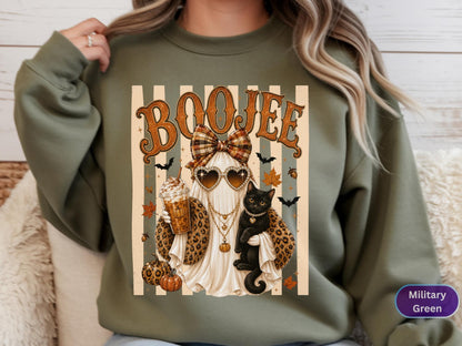 May include: A military green crewneck sweatshirt featuring a graphic of a ghost wearing heart-shaped sunglasses, a plaid bow, and leopard print accents. The ghost holds an iced coffee and a black cat. The text BOOJEE is printed above the ghost.