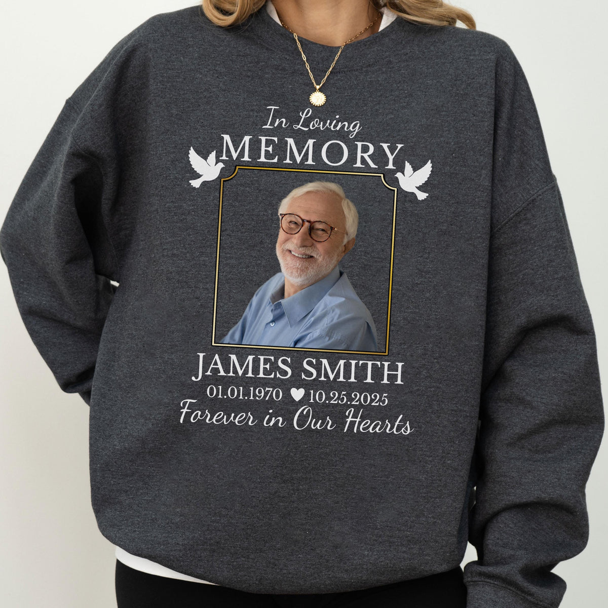 May include: A dark heather gray crewneck sweatshirt featuring a memorial graphic. The design includes the text In Loving Memory, a framed photograph of a smiling man with glasses, the name James Smith, dates 01.01.1970 and 10.25.2025, and Forever in Our Hearts.