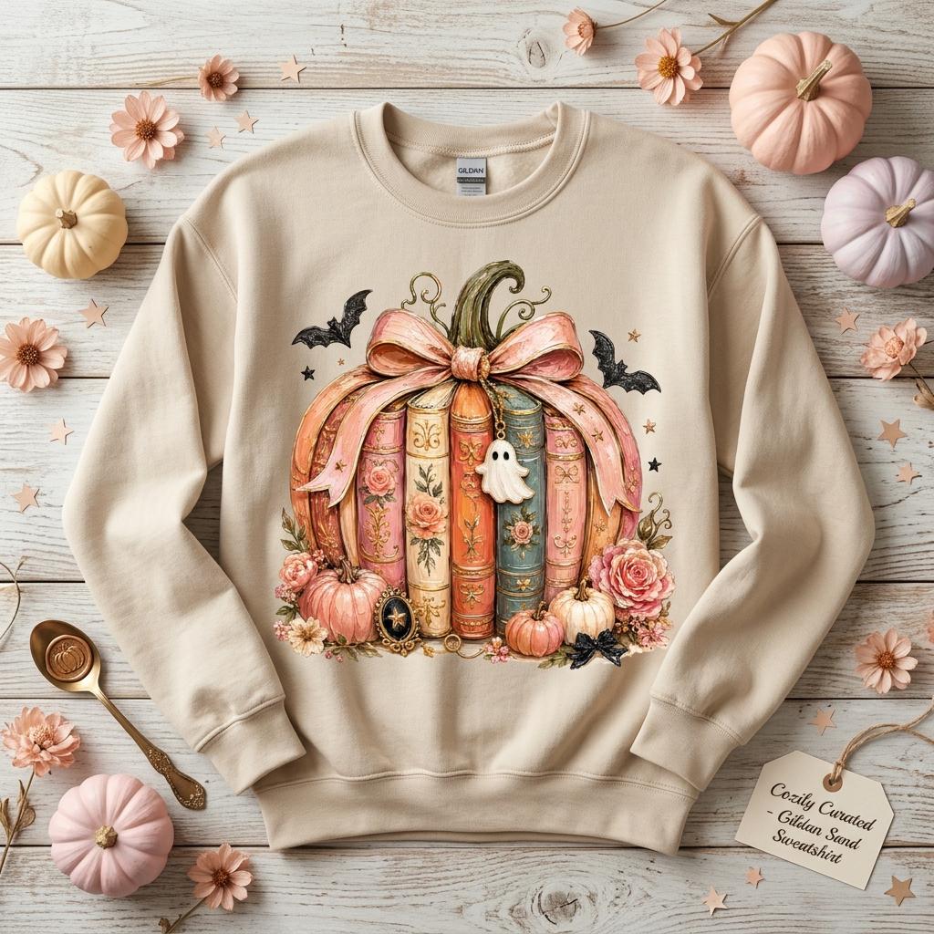 May include: A beige crewneck sweatshirt featuring a graphic of a pumpkin constructed from vertical vintage-style books tied with a pink ribbon. The design includes a small white ghost charm, bats, and floral accents. The sweatshirt has long sleeves.