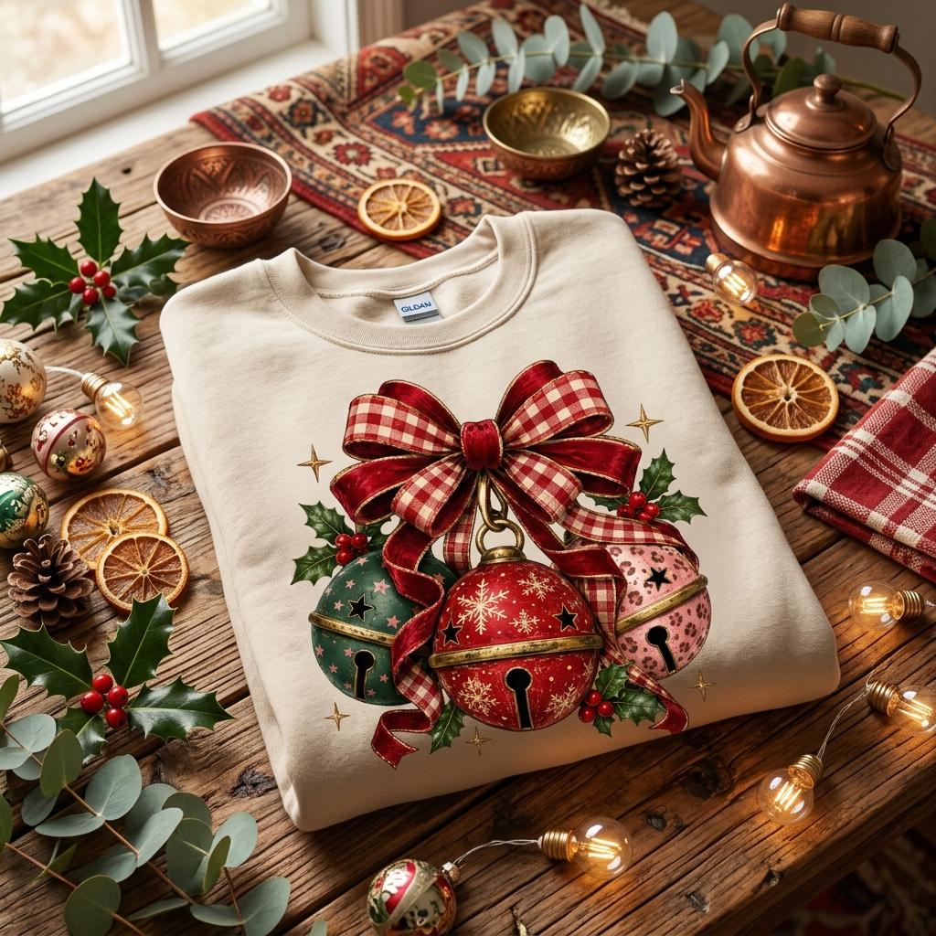 May include: A beige crewneck sweatshirt featuring a graphic print of three jingle bells in green, red, and pink, tied together with a large red and white gingham bow. The design includes holly leaves, berries, and small gold star accents.