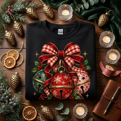May include: A black crewneck sweatshirt featuring a graphic of three jingle bells in red, green, and pink, tied together with a large red and white plaid ribbon. The central red bell has a gold snowflake pattern, while the others have star cutouts.