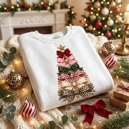 May include: A white crewneck sweatshirt featuring a graphic of a Christmas tree constructed from stacked bows in various patterns, including red velvet, pink gingham, green plaid, red stripes, cream polka dots, and a leopard print base.