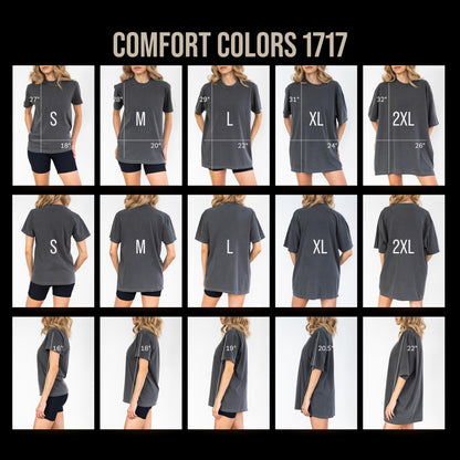 May include: A Comfort Colors 1717 t-shirt size chart displaying front, back, and side views of sizes S through 2XL. The image includes white measurement lines and text indicating lengths from 27 to 32 inches and widths from 18 to 26 inches.