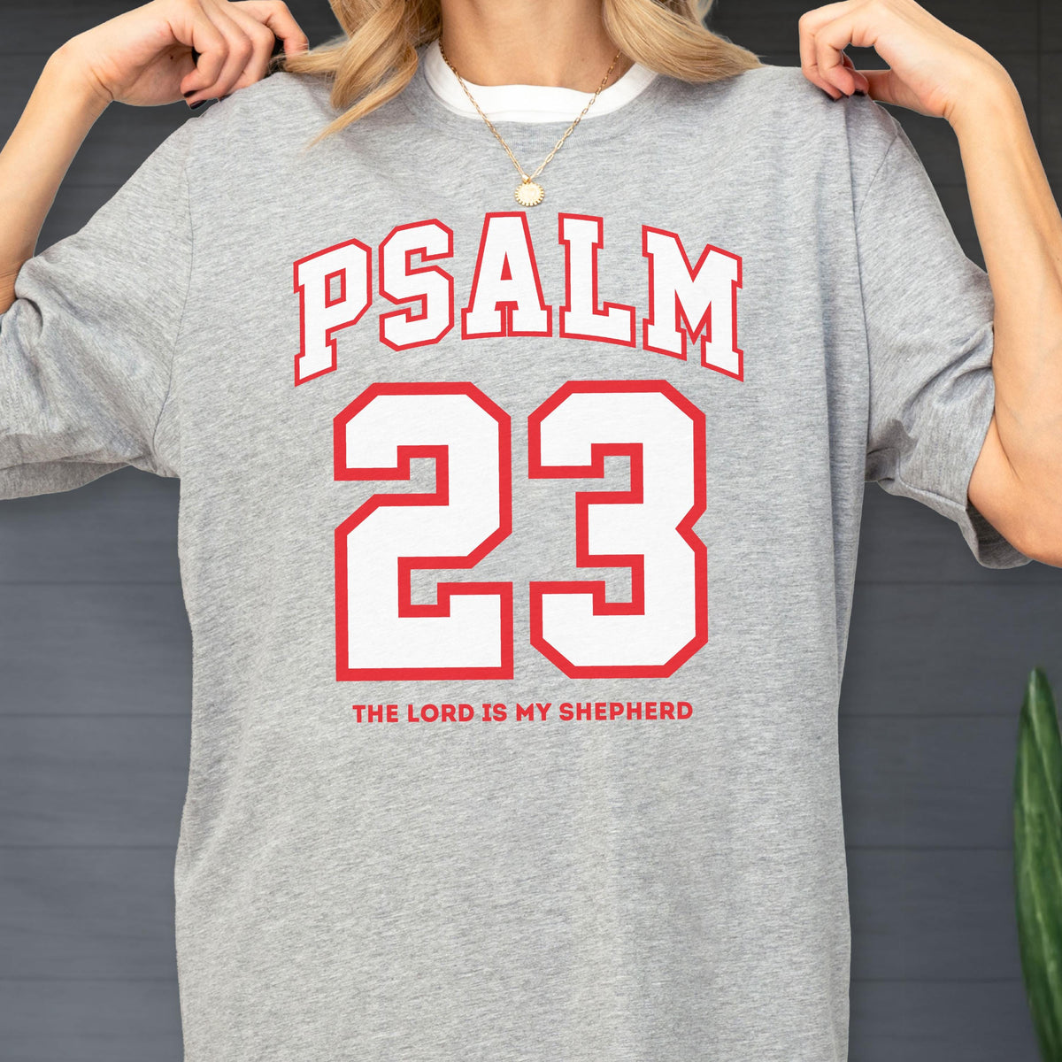 May include: A heather gray short-sleeve t-shirt featuring the word PSALM in red arched lettering above the large white number 23 with a red outline. Below the number, the text THE LORD IS MY SHEPHERD is printed in red capital letters.