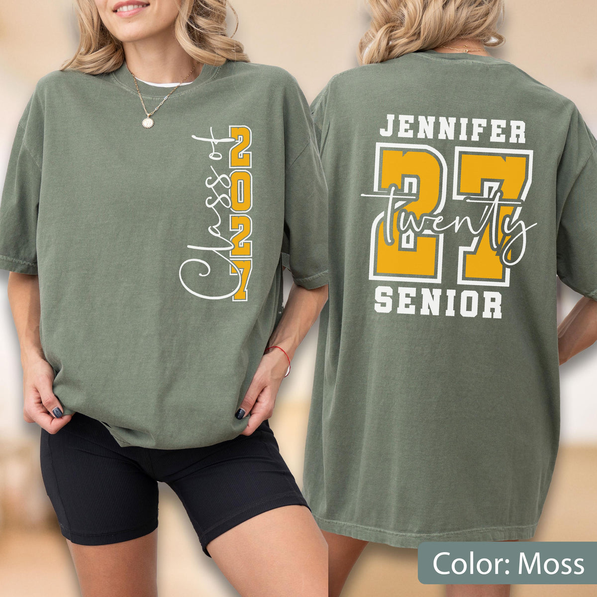 May include: A moss green short-sleeve t-shirt featuring a vertical white and yellow graphic on the front that reads Class of 2027. The back displays the name Jennifer, the number 27 in large yellow font, and the text Twenty Senior in white script.