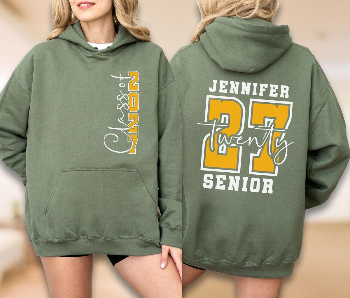 May include: An olive green hooded sweatshirt featuring a front graphic with the text Class of 2027 in white and yellow. The back displays the name Jennifer above a large yellow number 27, the word Twenty in white script, and the word Senior below.