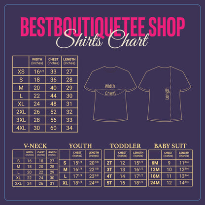 May include: A dark purple sizing chart for BESTBOUTIQUETEE SHOP featuring a t-shirt diagram with width, chest, and length measurements in inches. It includes tables for standard, V-neck, youth, toddler, and baby suit sizes with specific imperial values.