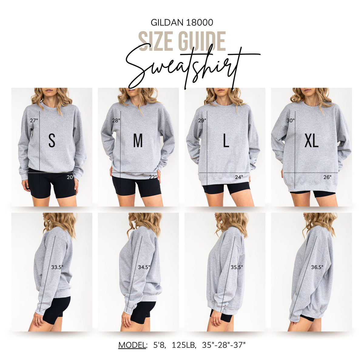 May include: A Gildan 18000 sweatshirt size guide featuring eight images of a grey crewneck sweatshirt in sizes S, M, L, and XL. Front and side views show measurements in inches, including lengths from 27 to 30 inches and sleeve lengths from 33.5 to 36.5 inches.