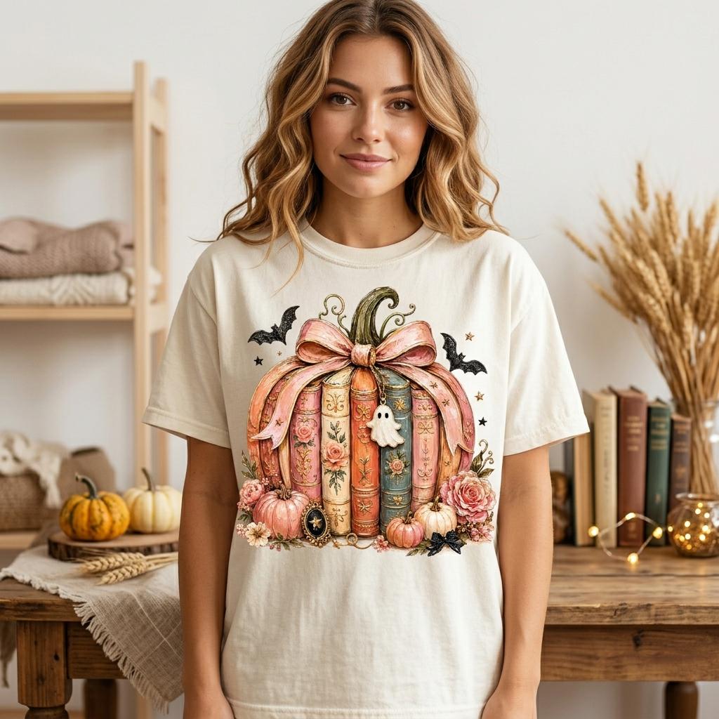 May include: A cream-colored t-shirt featuring a graphic of a pumpkin constructed from stacked vintage books tied with a large pink ribbon. The design includes a small white ghost, black bats, and floral accents in shades of pink and orange.