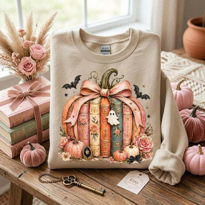 May include: A beige crewneck sweatshirt featuring a graphic print of a pumpkin constructed from stacked vintage books, tied with a large pink ribbon, adorned with a small ghost charm, bats, and floral accents, with a Gildan brand label inside.