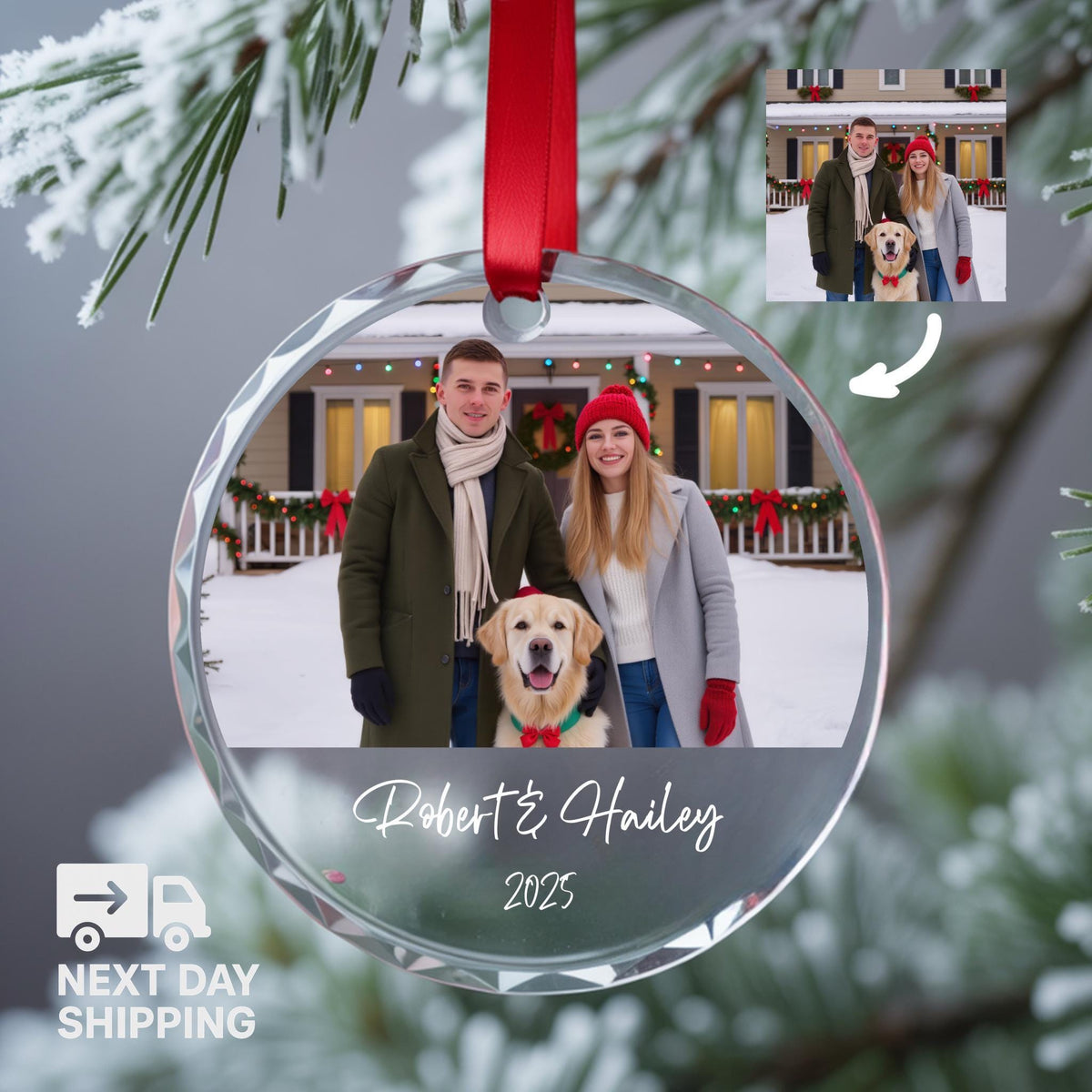 Personalized Photo Glass Christmas Ornament, Custom Family Picture Keepsake, Pet or Couple Holiday Gift, 2026 Ornament