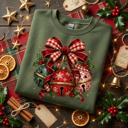 May include: An olive green crewneck sweatshirt featuring a graphic print of three jingle bells in red, green, and pink, tied together with a large red and white gingham bow, accented with holly leaves and berries, and small gold stars.