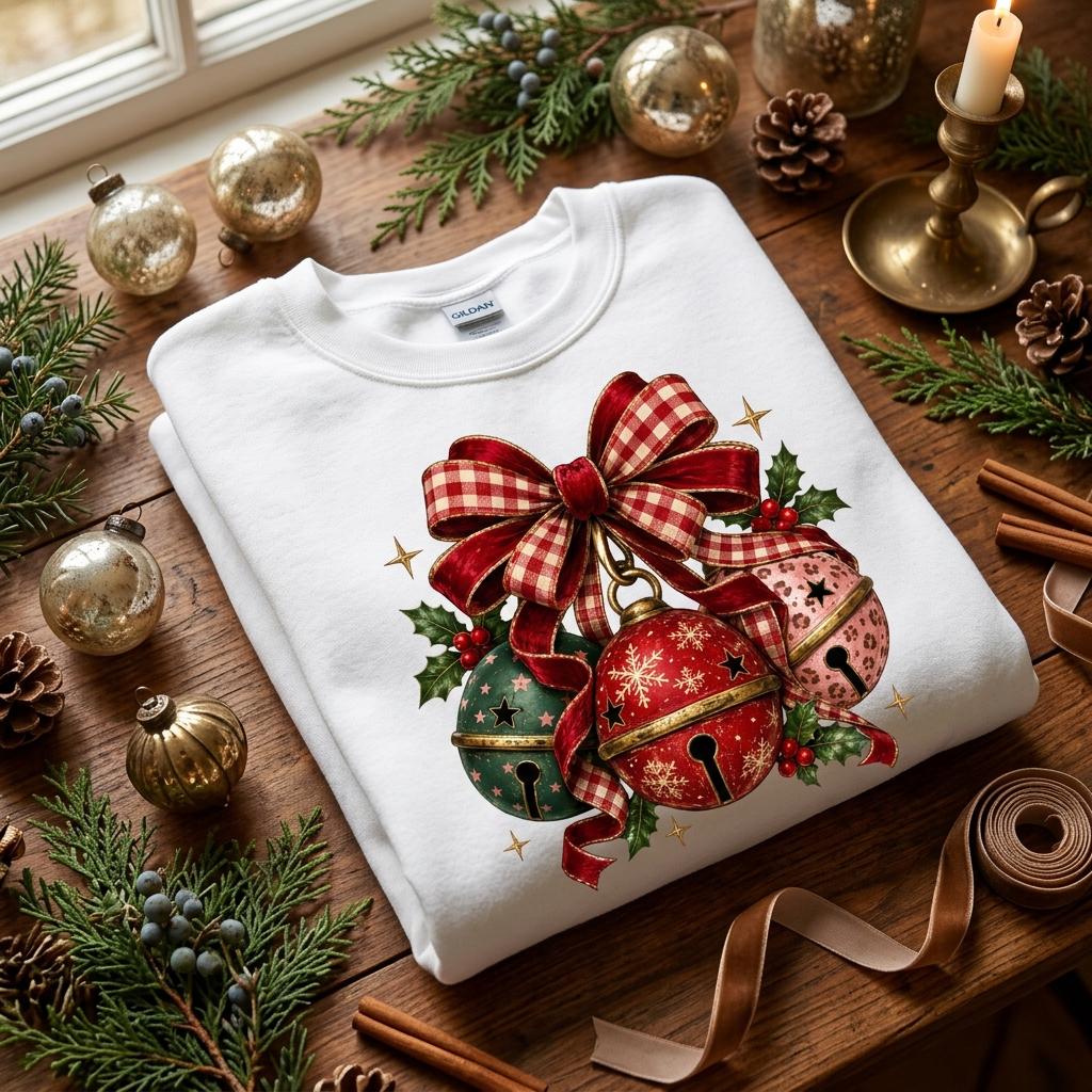 May include: A white crewneck sweatshirt featuring a graphic print of three jingle bells in green, red, and pink, adorned with a large red and white checkered bow, holly leaves, and small gold star accents, centered on the front of the garment.