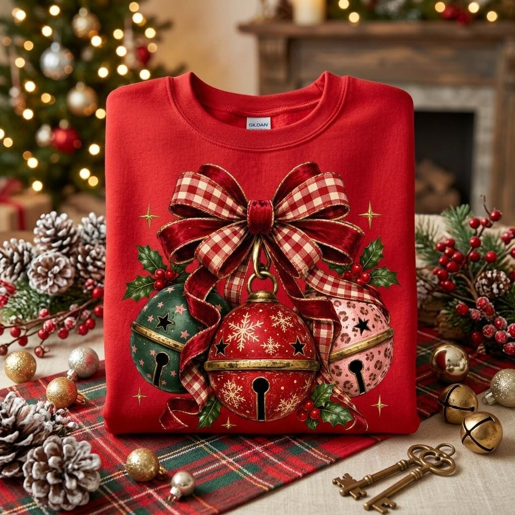 May include: A bright red crewneck sweatshirt featuring a large graphic of three jingle bells tied with a red and white checkered bow. The bells are green, red with gold snowflakes, and pink with a leopard print pattern, accented by holly leaves.