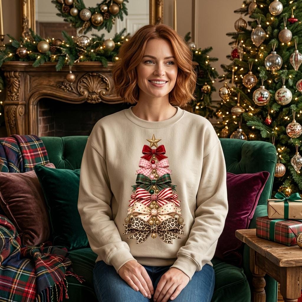 May include: A beige crewneck sweatshirt featuring a graphic of a Christmas tree constructed from stacked bows in various patterns, including red velvet, plaid, polka dots, and leopard print, topped with a gold star and small gold ornaments.
