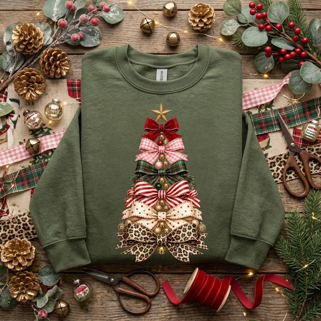 May include: An olive green crewneck sweatshirt featuring a graphic of a Christmas tree constructed from various patterned bows, including red velvet, plaid, striped, polka dot, and leopard print, topped with a gold star.