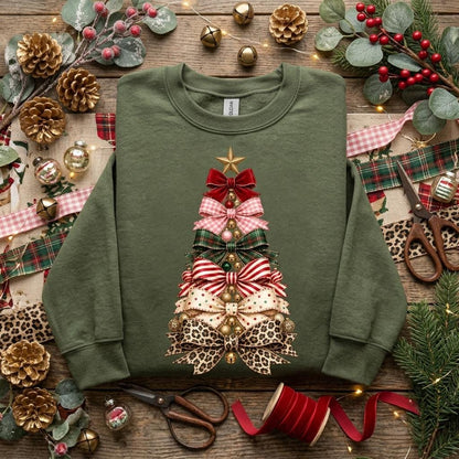 May include: An olive green crewneck sweatshirt featuring a graphic of a Christmas tree constructed from various patterned bows, including red velvet, plaid, striped, polka dot, and leopard print, topped with a gold star.