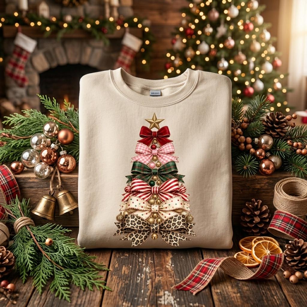May include: A beige crewneck sweatshirt featuring a graphic of a Christmas tree constructed from stacked bows in various patterns, including red velvet, pink gingham, green plaid, red and white stripes, cream polka dots, and a leopard print.
