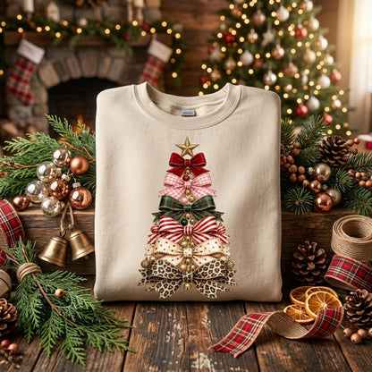 May include: A beige crewneck sweatshirt featuring a graphic of a Christmas tree constructed from stacked bows in various patterns, including red velvet, pink gingham, green plaid, red and white stripes, cream polka dots, and a leopard print.