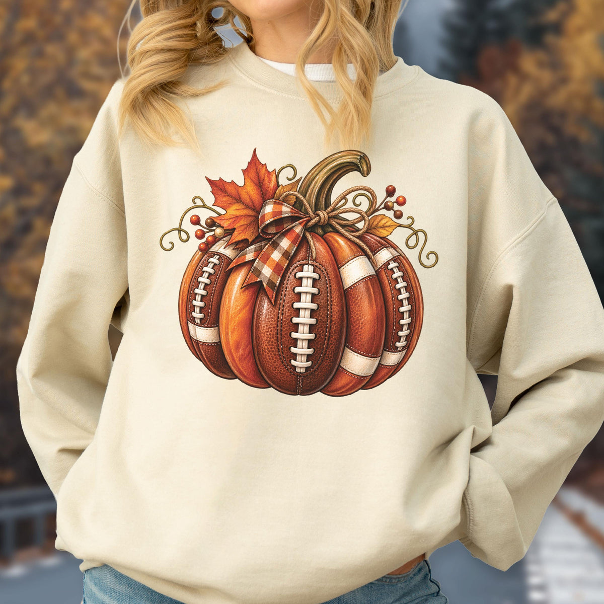 May include: A cream-colored crewneck sweatshirt featuring a central graphic of a pumpkin designed with the texture and white laces of an American football. The pumpkin is adorned with a plaid ribbon bow, orange maple leaves, and small red berries.