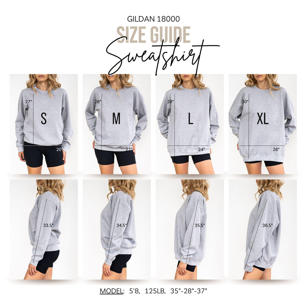 May include: A Gildan 18000 sweatshirt size guide featuring eight images of a grey crewneck sweatshirt in sizes S, M, L, and XL. Front and side views show measurements in inches, including lengths from 27 to 30 inches and sleeve lengths from 33.5 to 36.5 inches.
