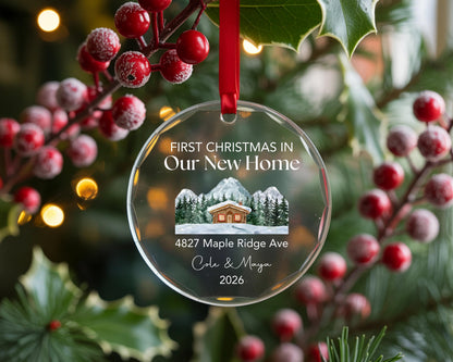 May include: A clear, circular glass Christmas ornament featuring a red ribbon hanger. The design includes the text "FIRST CHRISTMAS IN Our New Home," a watercolor illustration of a log cabin in snowy mountains, the address "4827 Maple Ridge Ave," the names "Cole & Maya," and the year "2026."