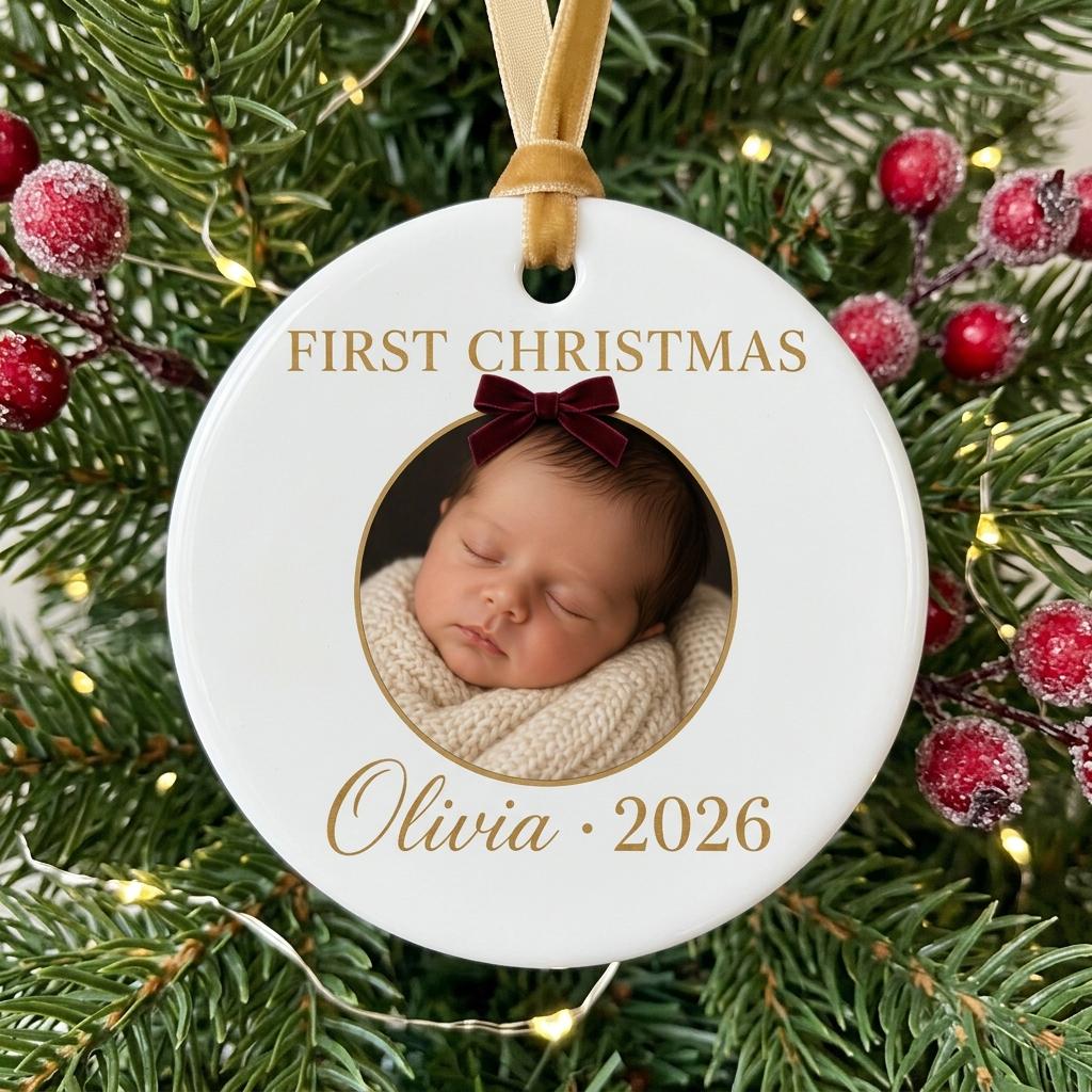 May include: A round white ceramic ornament featuring a gold-toned text reading FIRST CHRISTMAS at the top and Olivia 2026 at the bottom. The center displays a circular photograph of a sleeping infant wearing a dark red bow, suspended by a gold ribbon.