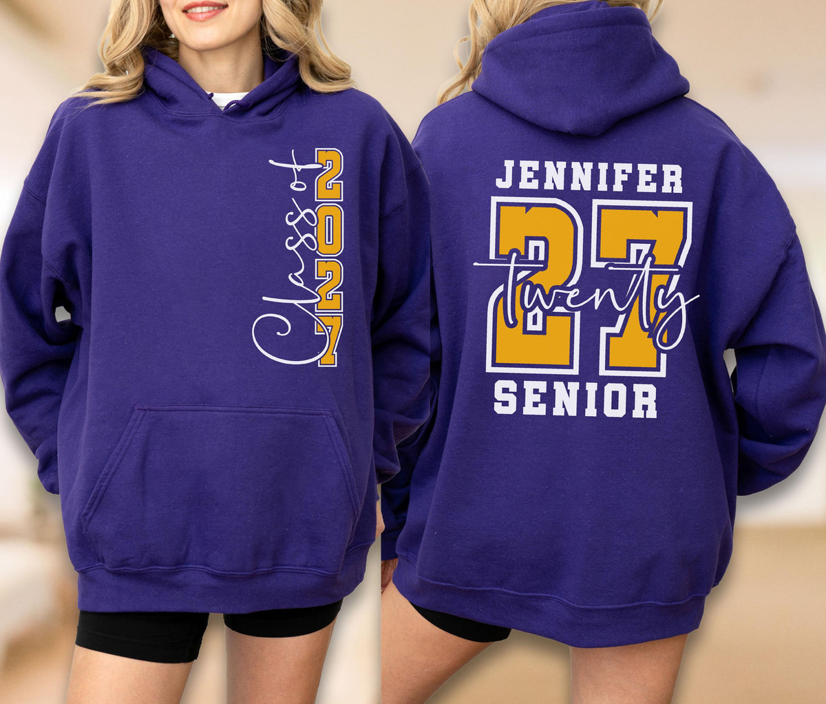 May include: A purple hooded sweatshirt featuring white and yellow text. The front displays "Class of 2027" vertically. The back features the name "JENNIFER" above a large yellow "27" with a white outline, the word "twenty" in script, and "SENIOR" below.
